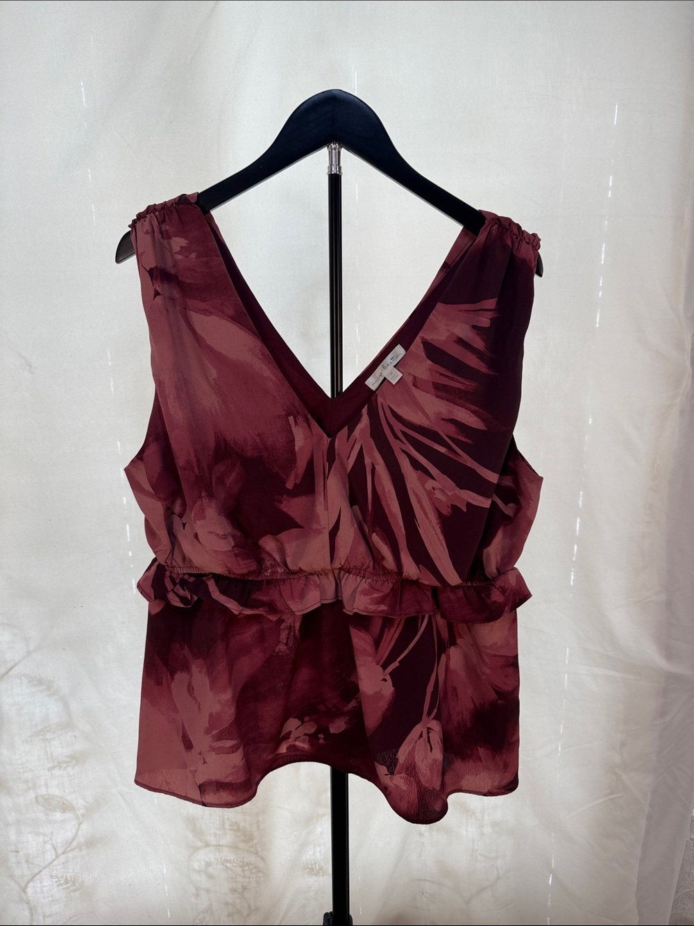 nine britton Burgundy Floral V-Neck Ruffle Waist Cami